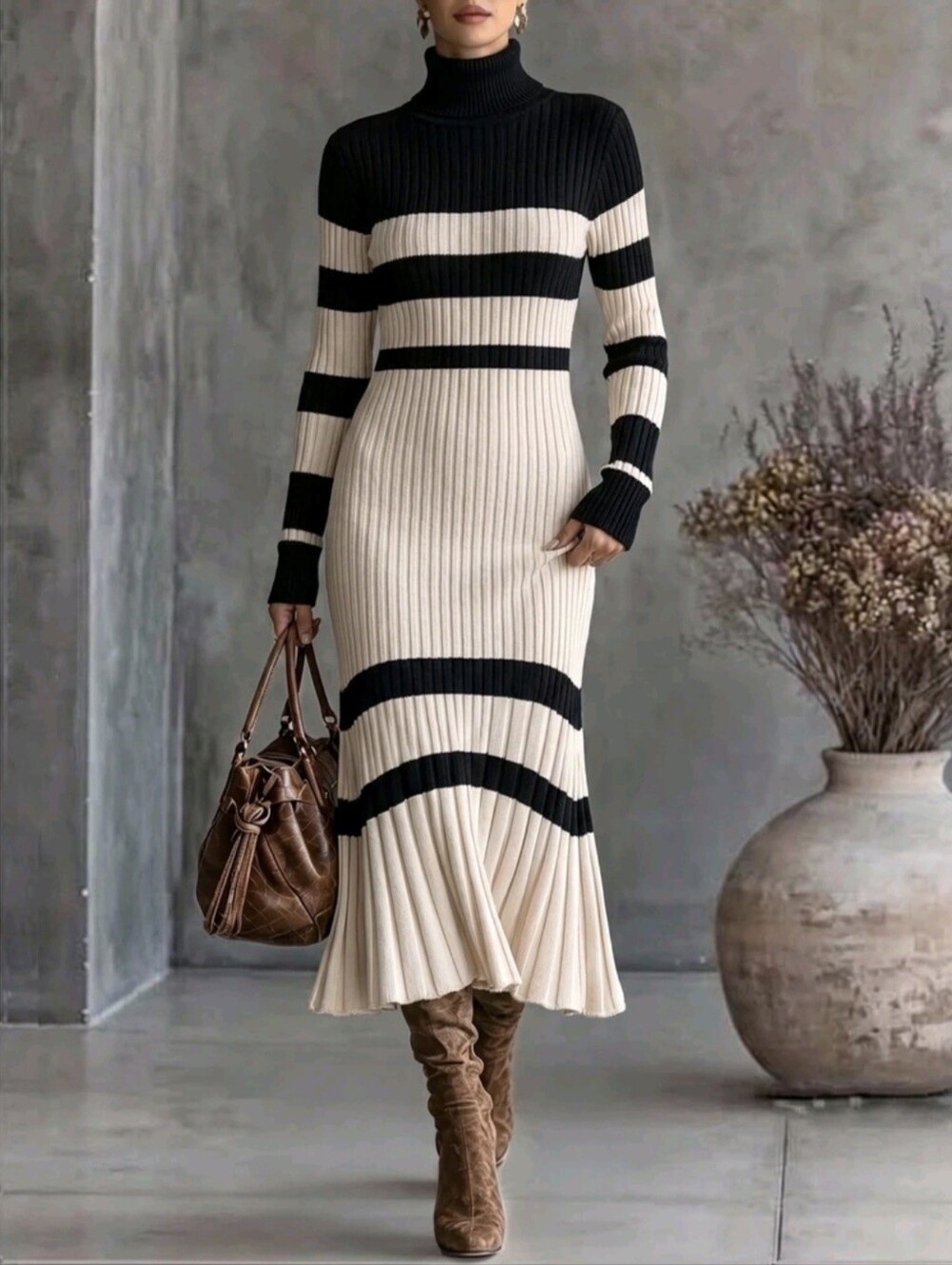 Women's High Neck Long Sleeve Sweater Dress, Casual Knit Autumn/Winter Clothing